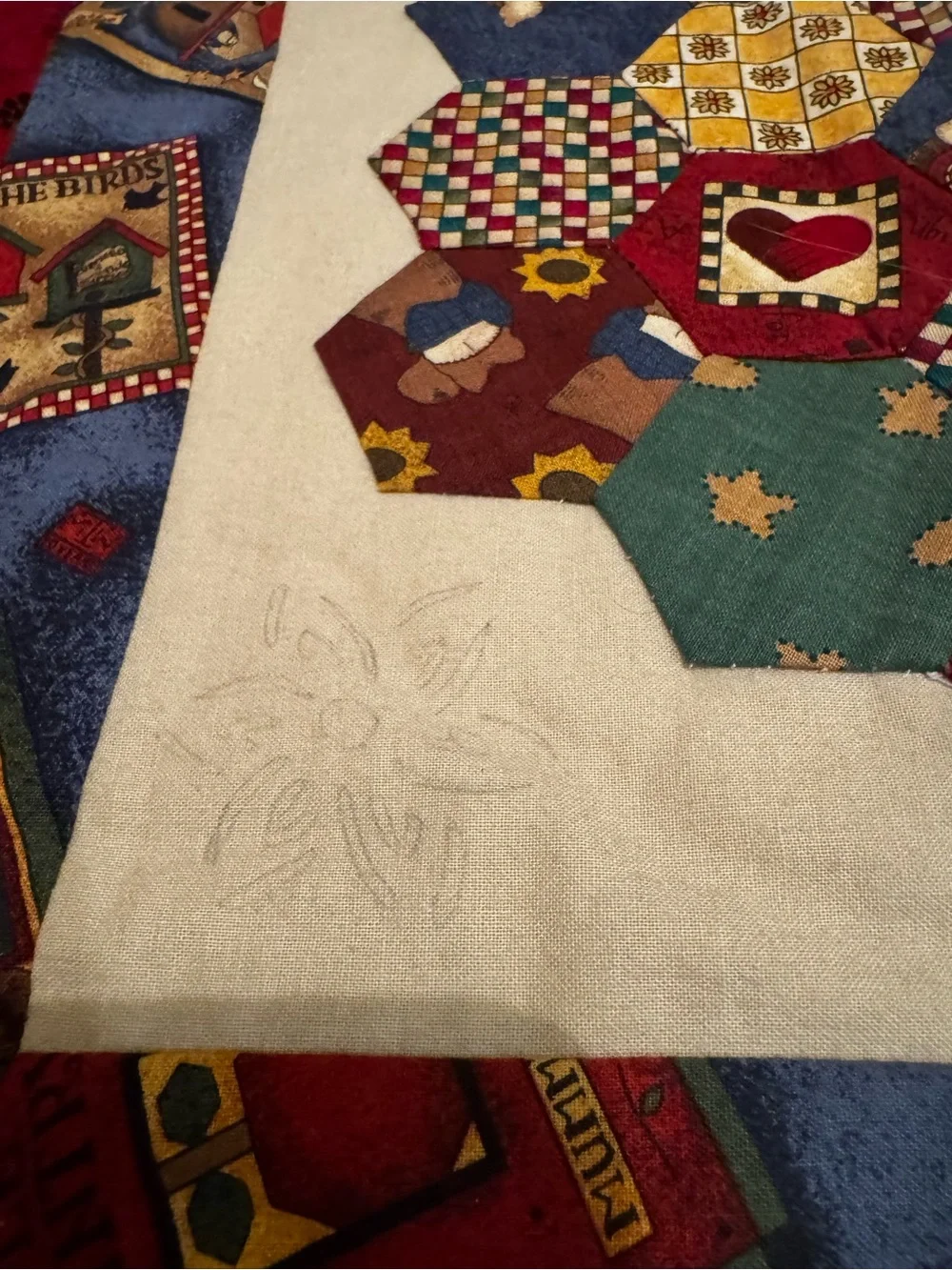 Handmade Quilted Patchwork Throw in Blue, Red & Yellow